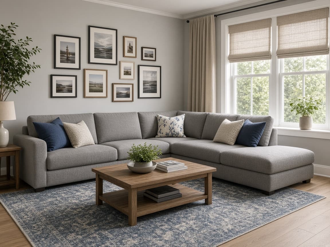 Gray L-shaped sofa, blue rug, and a gallery wall in a bright living room